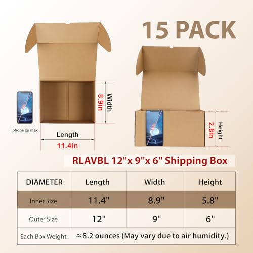 Image of RLAVBL 12x9x6 Shipping Boxes Set of 15, Brown Corrugated Cardboard Mailer Box for Packing, Mailing, Business