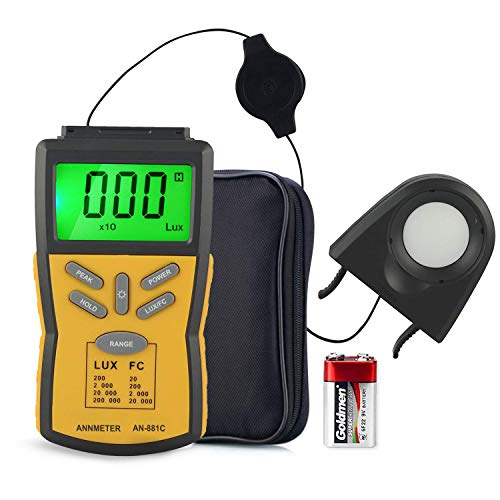 ANNMETER AN-881C Digital Illuminance Meter, Lux Meter with 0.1~200,000 Lux (0.01~20,000FC) Measuring Ranges, Light Meter for Plants and Photography, Lumen Meter with Data Hold and Back Light