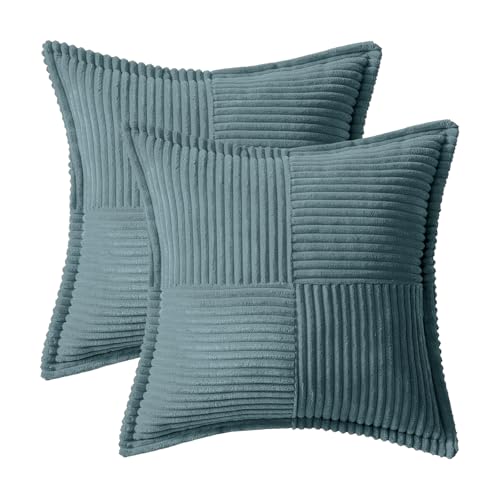 Image of MIULEE Decorative Throw Pillow Covers for Couch Bed Livingroom 20x20 Inch Set of 2 Dusty Blue Boho Accent Throw Pllows Broadside Striped Patchwork Soft Corduroy Summer Coastal Pillowcases