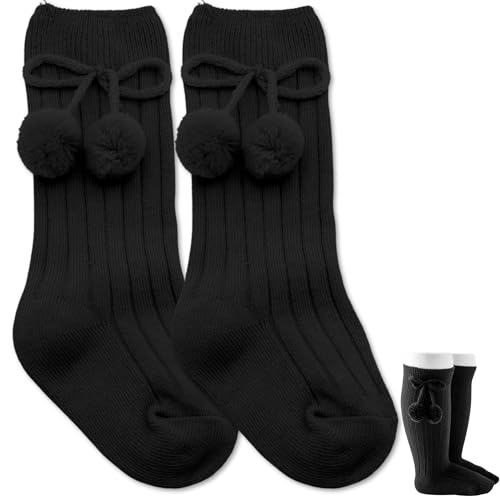 Calcetines Largos De Algodón Con Pompones, Medias Largas De Algodón Para Bebés, Calcetines De Rodilla Para Niños, Calcetas De Bebé (FR/ES, Edad, 3 Meses, 12 Meses, Negro)
