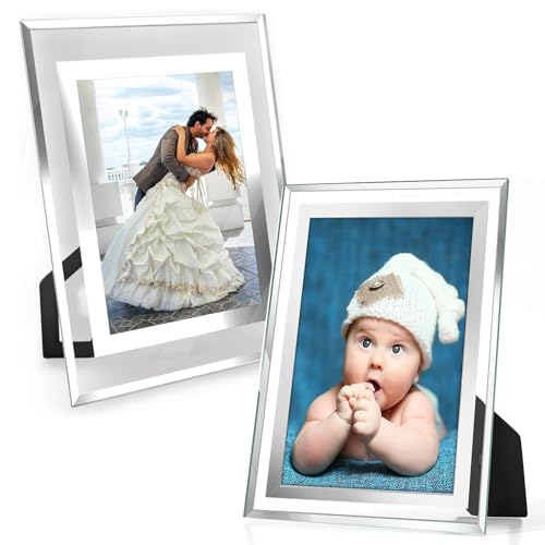 HSYTEK 2er Set Bilderrahmen 15x10 Glas Hochzeit Fotorahmen Silber,Glasfotorahmen Bilderrahmen für Bildformat 10 x 15 cm, Portraitrahmen für Schlafzimmer Büro und Wohnzimmer, Geschenk (transparent)