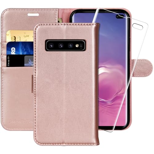 MONASAY Wallet Case Compatible for Galaxy S10 Plus, 6.4 inch, [Screen Protector Included][RFID Blocking] Flip Folio Leather Cell Phone Cover with Credit Card Holder, Rosegold