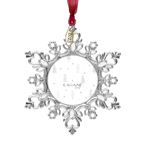 LARAINE Christmas Tree Ornaments – Decorative Hanging 2025 Holiday Keepsake Gift Snowflake Pendant with 2” Photo Frame Insert for Picture of Pet (Snowflake Silver (2025))