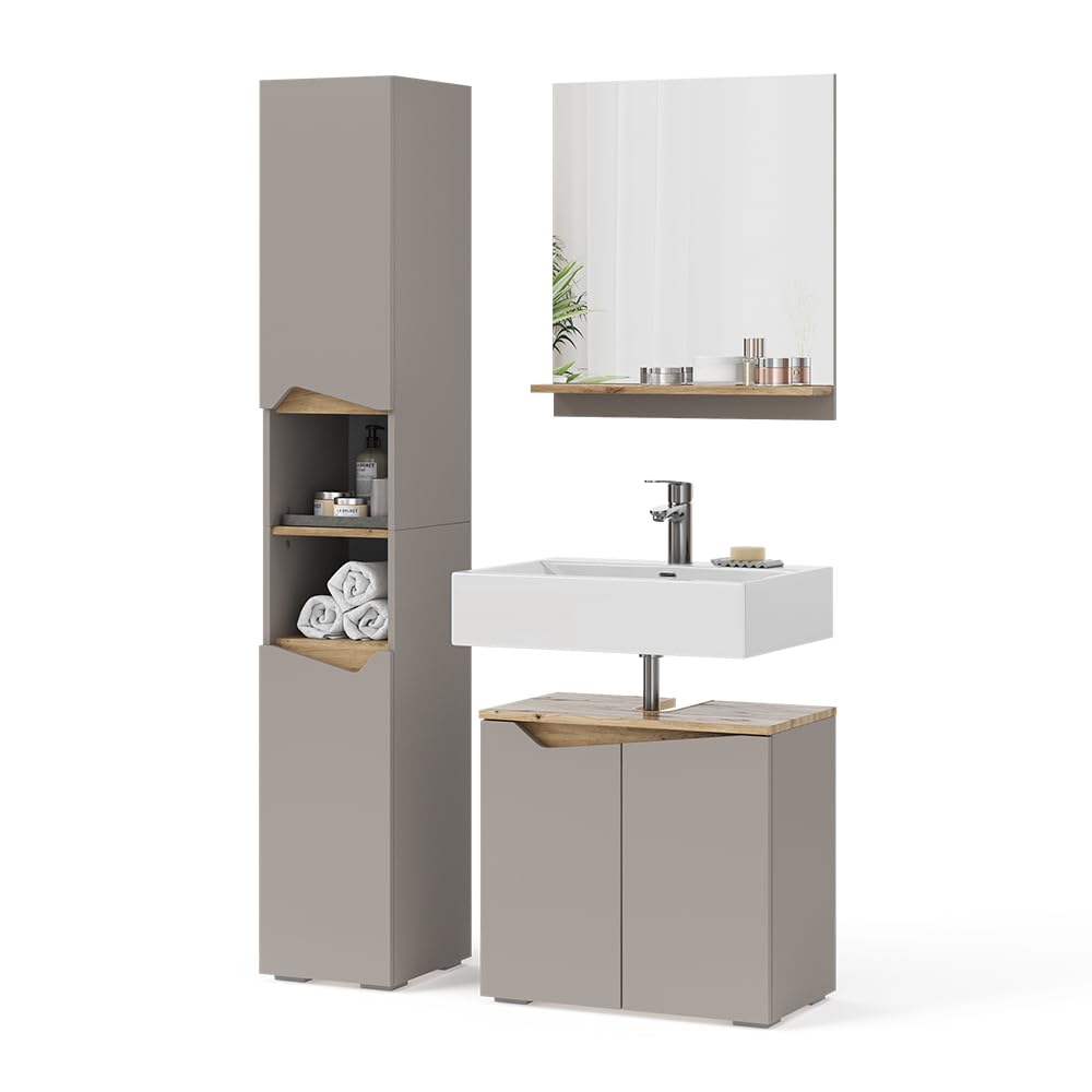 Vicco Combinación de Muebles de baño Marelle, Gris, 60 cm | compuesto por mueble bajo lavabo, espejo con armario y columna de baño