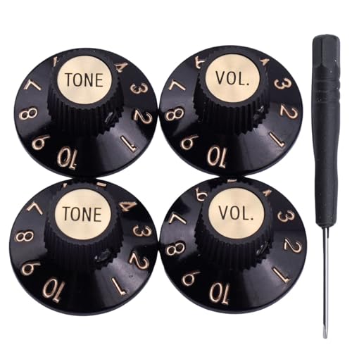 KHLESBY Set of 4 Witch Hat Knobs with Set Screw Guitar Bass Knobs 2 Volume 2 Tone Silver Gold Reflector and Screws Black Silver White for 72 Telecaster Custom or Guitar Amplifiers (Black Gold)