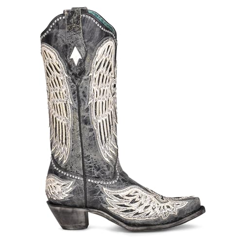 CORRAL LADIE'S BLACK CROSS & WINGS OVERLAY & STUDS, SNIP TOE, LEATHER SOLE, WESTERN, A4232