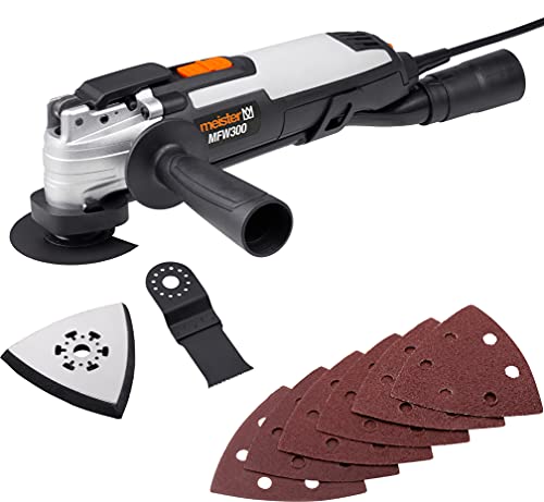 Meister Multifunktionswerkzeug 300 W, MFW300 - Geschwindigkeitsregler - Zum Sägen, Schleifen & Schaben - Inkl. Tauch- & Segmentsägeblatt, Schleifplatte, Schleifpapier / Multitool im Koffer / 5454380