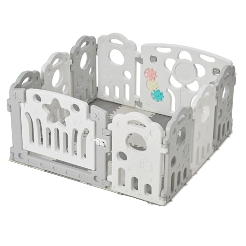 Baby Playpen with Foam Mat & Activity Toys 10 Panel Plastic Play Pen for Babies & Toddlers Modular Safety Play Yard for Indoor & Outdoor Use Grey & White (46x46)
