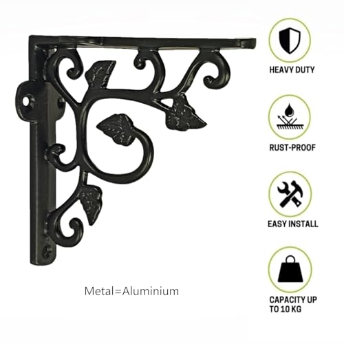 Image of Tree Twig Shelf Support Aluminium Wall Bracket for Metal Handcrafted Shelf Bracket for Floating Shelves L Angle Decorative Corner Brace Joint Wall Mounted Shelf (Black, Pack of 1 Pair)