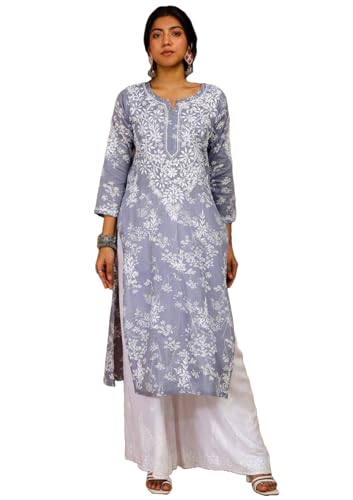 Image of GoSriKi Cotton Blend Embroidered Straight Kurta for Women | Cotton Blend Pink | 3 /4 Sleeve | Round Neck V-Slit | Ethnic Wear Casual Wear