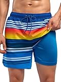 SILKWORLD Mens Swim Trunks 5' Quick Dry Bathing Suit Summer Beach Swim Shorts with Zip Pockets and Compression Liner, Blue Orange Stripes,Medium