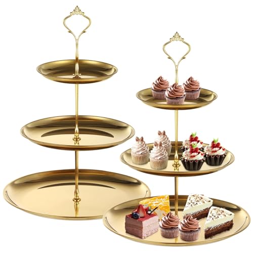 Bosreroy 2-Pack 3-Tier Gold Metal Dessert Stands for Cupcakes, Wedding & Party Table Display, Elegant Serving Trays