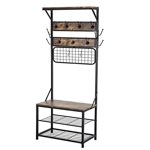 LOIYERT Industrieller Baum mit Haken, Eingangsgarderobe Schuhbank, 5-in-1 Aufbewahrungs-Organizer mit Gitterregal, rustikales graues Finish Cover