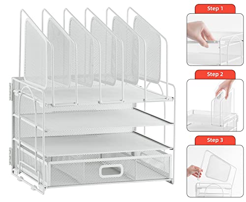 Image of Marbrasse Desk Organizers, 4-Tier Mesh Desk File Organizer with 5 Vertical File Holders and 2 Pen Holders, Multifunction Desktop Organizer,Desk Organizers and Accessories for Home Office (White)