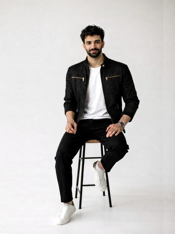 Image of Leather Retail Men's Black Suede Biker Jacket | Faux Suede | Black | Stand Collar | Zip Closure | Regular Fit