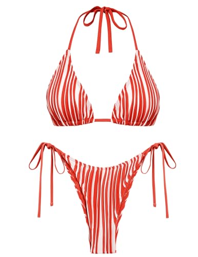 seamoly String Bikini High Cut Bathing Suit for Women Ribbed Textured Color Block Halter Striped Tie Side 2 piece Swimsuit Red S