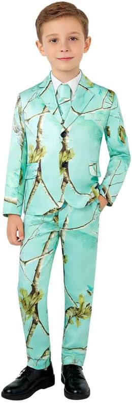 Boys Lake Blue Camo Suit 3 Piece Includes Tie 2 Button Design Flap Pockets Formal Wear for Parties