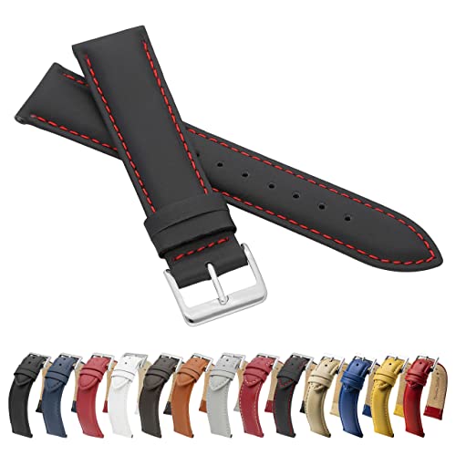 MARCHEL Glattleder LLB15 18 mm Schwarz-Rot Lederarmband Echtleder Uhrenarmband Rindsleder Feines Leder Uhr Band
