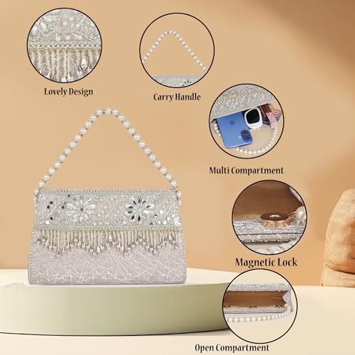 Image of Nevis Women's Embellished Clutch with Pearl Handle | Fancy Designe & Wedding Potli Bag for Festive & Evening