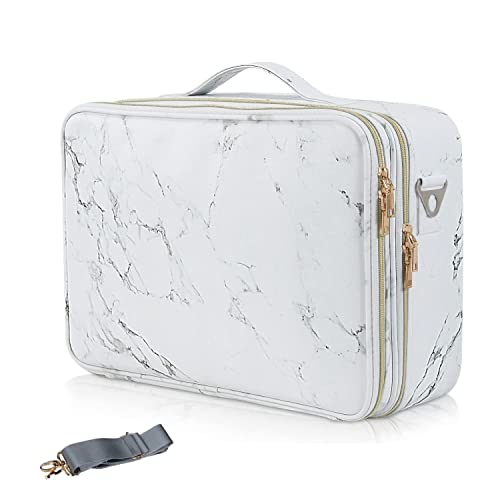 Image of Travel Makeup Case, Professional Cosmetic Train Cases Artist Storage Bag Make Up Tool Boxes Brushes Bags with Compartments Vanity Organizer (16 INCH(2 Layer), Marble Pattern)