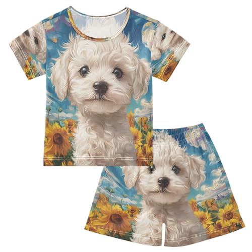 ALAZA White Dog Sunflower Blossom Pajamas Set Short Sleeve Cotton Sleepwear Summer Pjs 2 Piece 5-14Y
