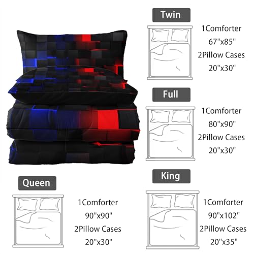 Image of Nttopship Neon Red and Blue Comforter Set Full Geometric Kids Bedding Set,3 PCS Geometry Honeycomb Bed Set Modern Quilt Set 1 Comforter 2 Pillow Cases Cool Room Decor All Season B-Side Black