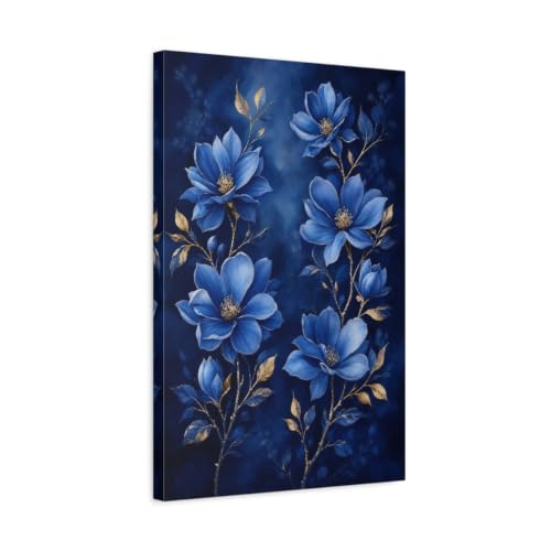 Tableau fleurs bleues et or vertical 40x60cm, décoration murale pour salon chic