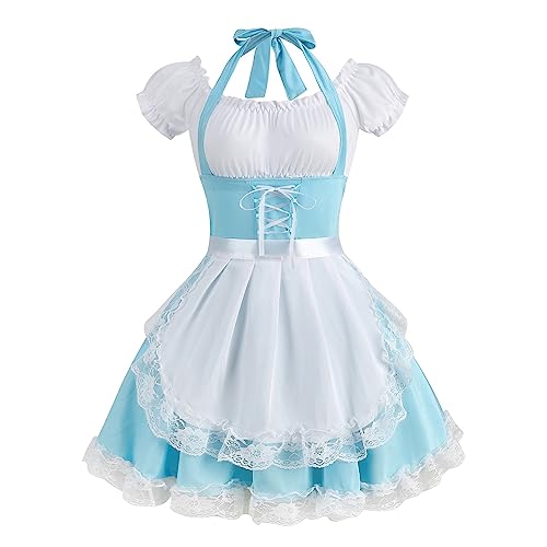 Colorful House Women's French Maid Costume Anime Maid Outfit Cosplay Lolita Fancy Dress Halloween Costume for Adults (1X/2X,Blue-4Pcs)