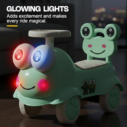 Image of Kermit Ride on Cars for Kids | Portable Kids Car with Music & Toy Storage | Indoor Baby Push Ride-ons with Lights & Safety Backrest | Outdoor Rider Cars for Kid 18+ Months (Green)