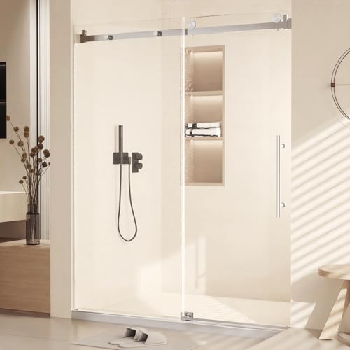 Image of Modern 60 inch w x 76 inch h (10Mm) Frameless Double Sliding Shower Door, Tempered Glass Shower Doors, Easy Installation for Walk-in Showers, Square Tube Nickel Brushed