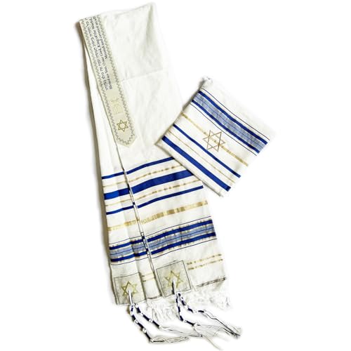 Men's Messianic Prayer Shawl with Star of David Tallit, Hebrew Blessing and Scripture (1, Blue)