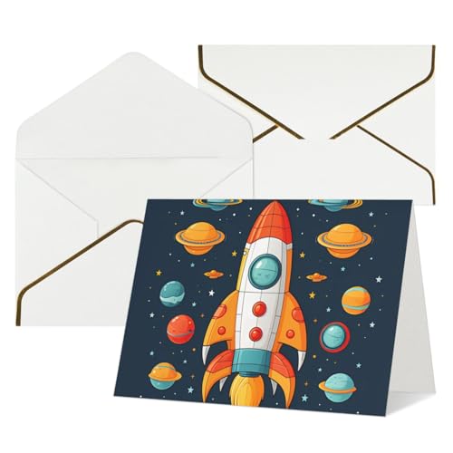 QMNSEHF 空白のグリーティングカード 封筒付き Thank YouCard ロケット クリップアート 宇宙船 Happy Birthdayカード 女性用 男性用 クリスマス ハロウィン 結婚式 ブランク ノートカード あらゆる機会のグリーティングカー