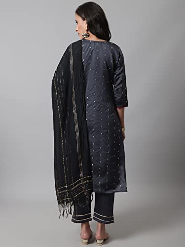 Image of VredeVogel Women's Silk Blend Embroidered Straight Kurta Trouser with Dupatta Set