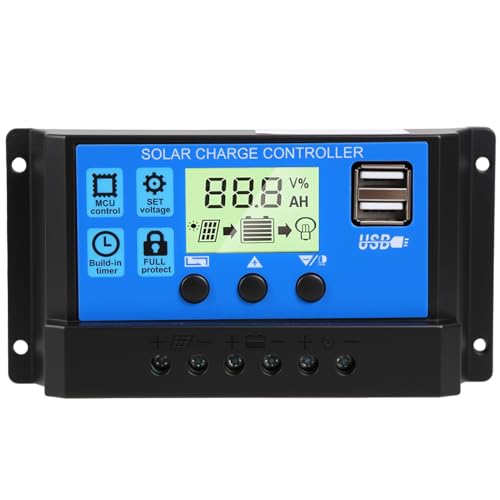 30A PWM Regulateur de Charge Solaire, 12V/24V Contrôleur de Charge, Régulateur Solaire avec Écran Lcd Réglable, 5V 2 Port Usb, Paramètre Automatique, Regulateur de Charge pour Acide de Plomb