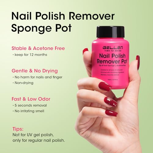 Image of Gellen Nail Polish Remover, 5-9s Quick Removal, Jasmine Scent, Non-drying | Dip Twist Sponge Nail Polish Remover Pot For Fingernail Toenail, Non-Acetone Free, Gentle Formula Shea Butter & Vitamin E