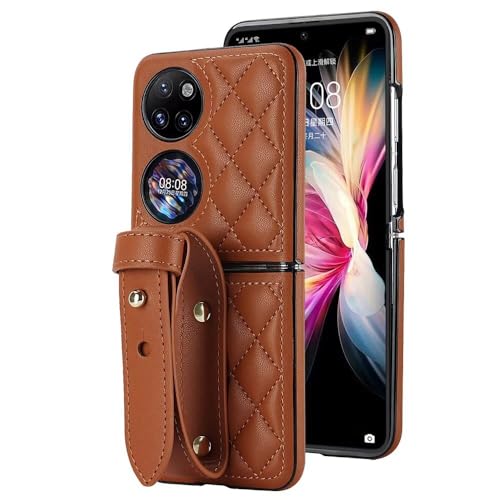 Coque Huawei P50 Pocket en cuir PU brun avec bracelet réglable