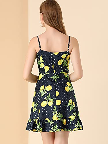 Allegra K Women's Spaghetti Strap Bowknot Ruffle Lemon Polka Dots Dress Large Deep Blue #TOP4