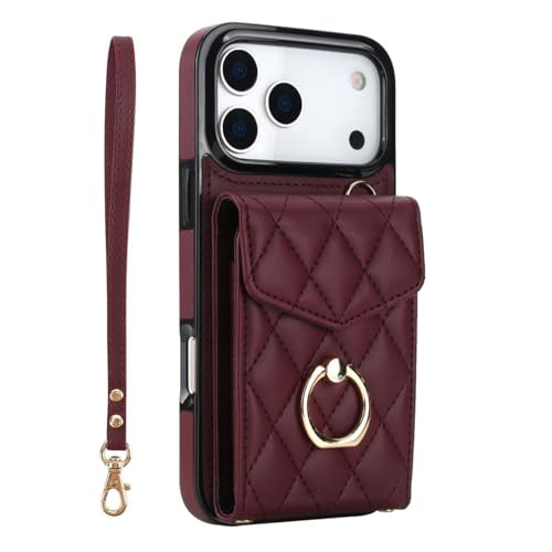 Coque iPhone 17 bordeaux portefeuille à grille cuir et anneau rigide