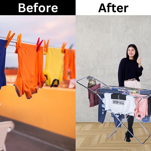 Image of CIPLA PLAST Heavy & Strong Stainless Steel Foldable Cloth Dryer Stand Double Rack Cloth Stands for Drying Clothes | Large Drying Area, Weather Resistant, Foldable- Ideal for Balcony Use