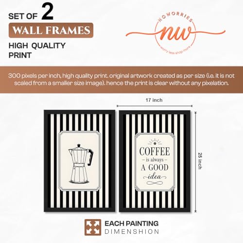 Image of NoWorries Coffee Wall Art Frames Set of 2 | Framed Black & White Coffee Quote Prints, Vintage Kitchen & Bar Decor for Home, Cafe & Dining Room Artwork Framed Paintings (Art-22, 17x25inch)