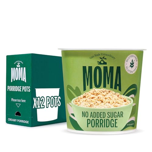 MOMA Instant Porridge Pots PLAIN - Pack of 12 x 65g - Breakfast Jumbo Oat - Gluten Free, No Added Sugar, Vegetarian, High in Fibre, Source of Protein & Rich in Vitamin B6 - Made in UK