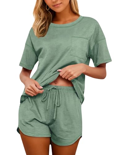 Image of KCW Pajamas for Women Set 2 Piece 100% Cotton Lounge Sets Short Sleeve Top and Shorts Pj Set Sleepwear Outfits