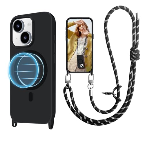 VooDirop Corrente para telemóvel para iPhone 15 com banda [compatível com mag-Safe], capa magnética com pendentes, capa de silicone TPU para iPhone 15