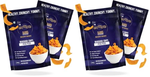 Image of Evolve Makhana Chips Healthy Snacks for Kids, Adults, Gluten Free, Low Calorie, No Palm Oil, Vacuum Fried, Peri Peri Flavor - 100g Pack of 4