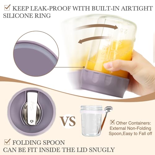 Image of SOLIGT 2 Pack Overnight Oats Containers with Lids (Oat White /Purple) | Folding Spoons and Divided Compartments for Fruit&Nuts, Small Glass 16oz Mason Jars for Oatmeal Yogurt Parfait