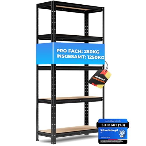 ALL Premium Schwerlastregal 150x75x30 cm Schwarz - 1250kg Traglast Regal 30cm tief & schwerlastregal 30 cm tief Regal 150cm hoch ideales Lagerregal für Keller & Garage