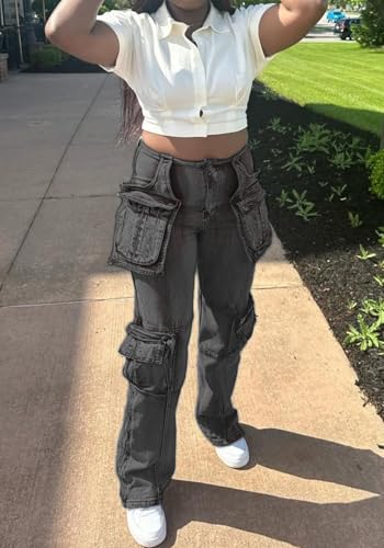 Baggy Jeans Women High Stretch Zipper Slit Striaght Leg Cargo Pants3