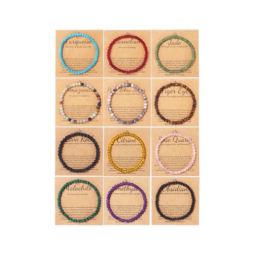 SONNYX 12PCS Natural Stone Bracelets for Women Men 4mm Crystal Bracelets Semi-Precious Gemstone Beaded Bracelets Round Beads Stretch Bracelet Jewelry