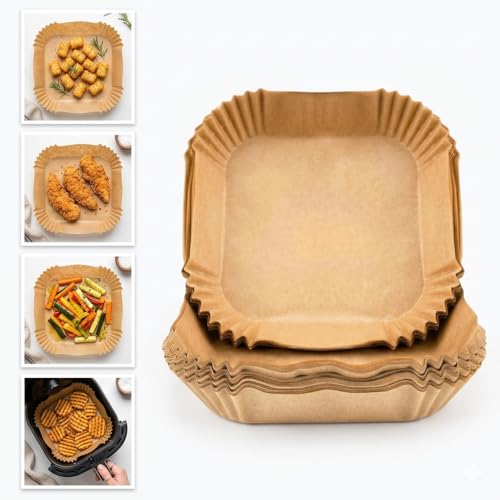 Image of 100 PCS Air Fryer Disposable Paper Liners | 8 Inch Square Parchment Sheets | Oil-Proof & Non-Stick, Heat Resistant Baking Paper for Air Fryer, Microwave, Roasting & Cooking| Pack of 1