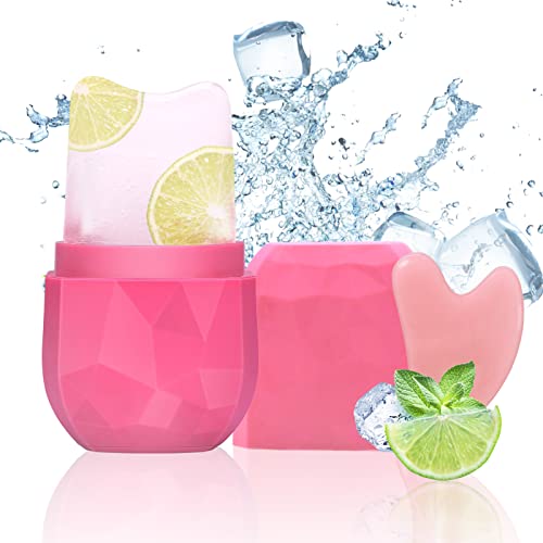 Ice Face Roller, IELECMG Ice Mold and Gua Sha Facial Tool Set for Face and Eye, Contour Cube Silicone Face Icer with V-Shaped Design, Leak-Proof Ice Roller for Skin Care Massage, Beauty Gift For Women